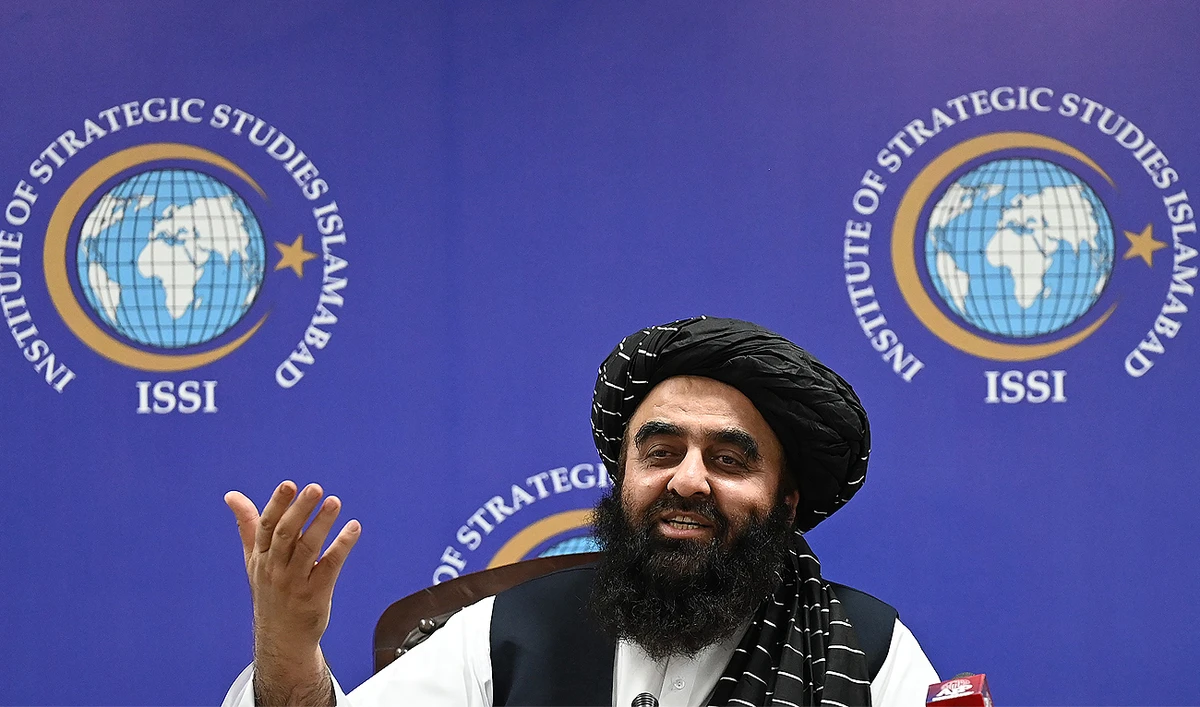 The interim foreign minister of Afghanistan's Taliban government, Amir Khan Muttaqi speaks during an event held at the Institute of Strategic Studies, in Islamabad on May 8, 2023. (Photo courtesy: AFP)