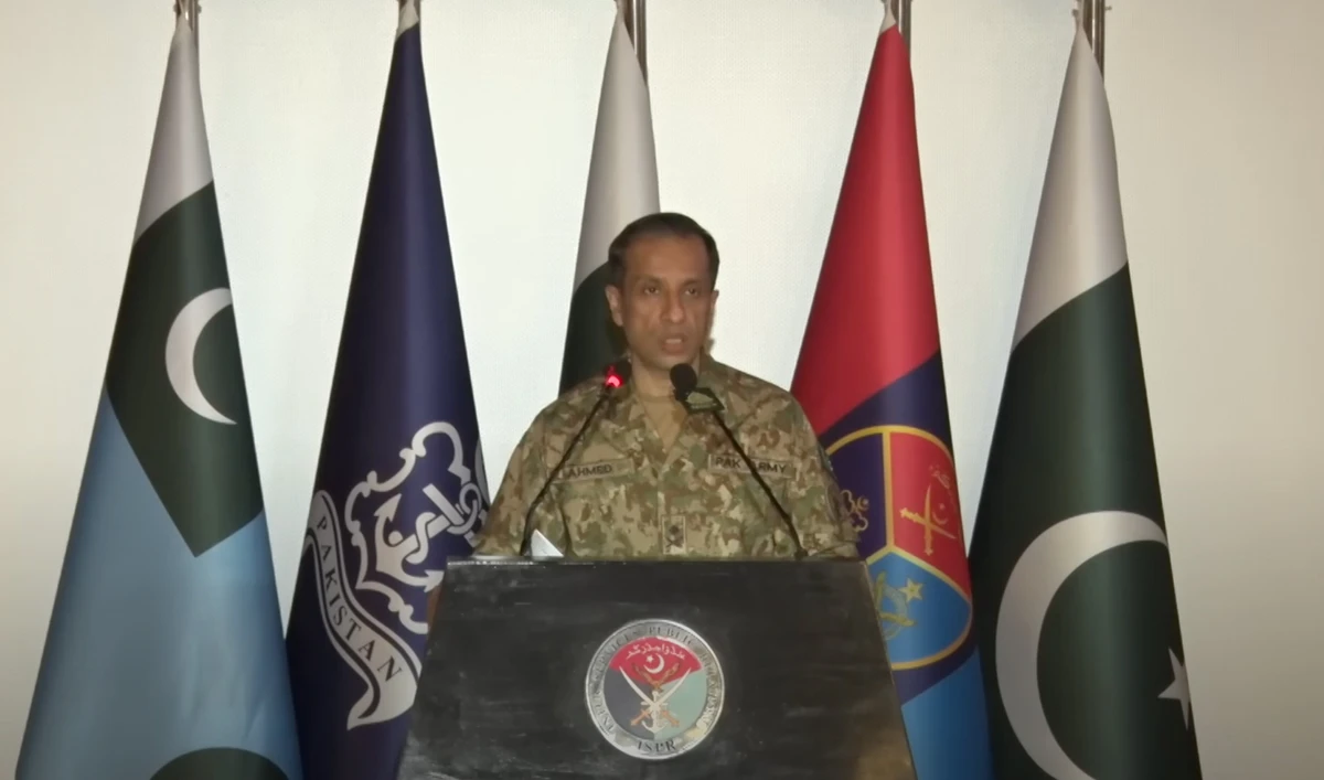 Director-General of Pakistan military's media wing, Ahmed Sharif Chaudhry, during a press conference is Rawalpindi on April 25, 2023. (Photo courtesy: ISPR/File)