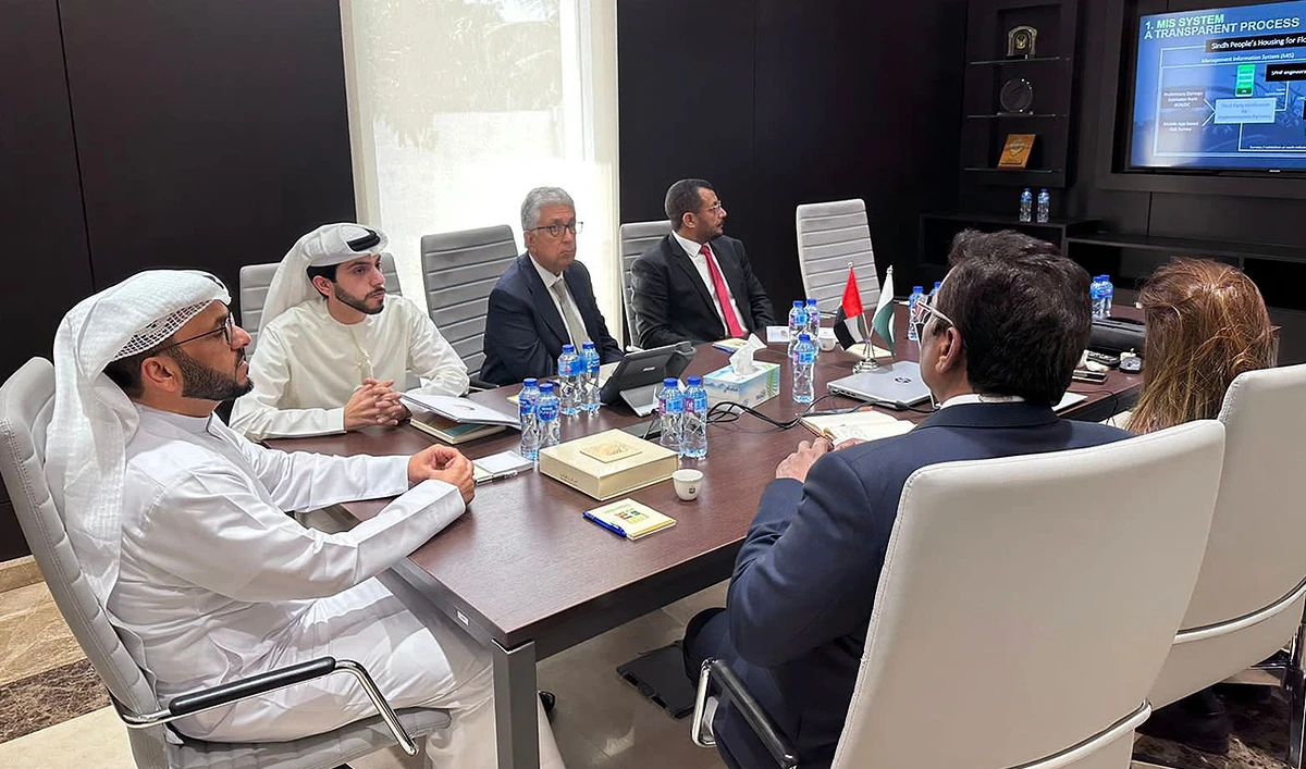 In this picture, posted on May 17, 2023, the Consul General of UAE Bakheet Ateeq Alremeithi discusses on project related to the construction of houses with officials from the Sindh government in Karachi. (Photo courtesy: Twitter/SphfOfficial)