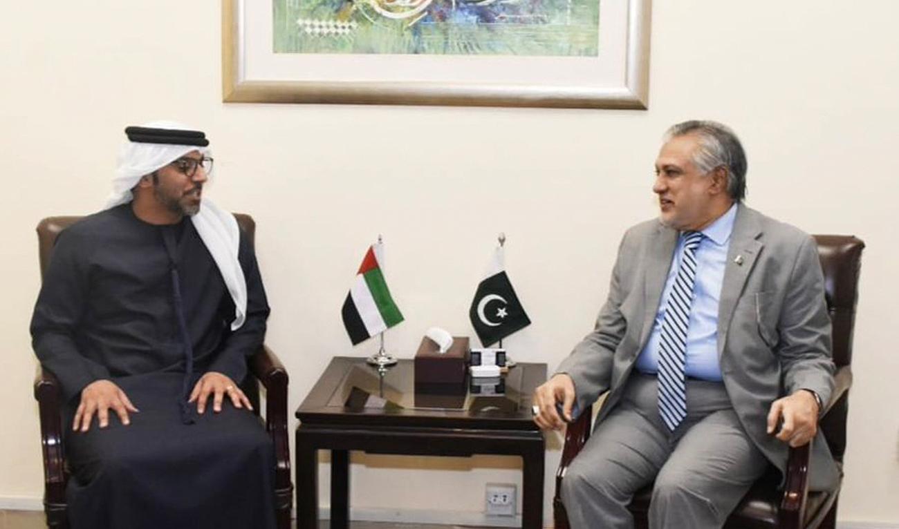 United Arab Emirates (UAE) ambassador Hamad Obaid Ibrahim Salim Al-Zaabi (left) meets Pakistani finance minister Ishaq Dar on June 1, 2023 in Islamabad, Pakistan. (Photo courtesy: Twitter/@FinMinistryPak)