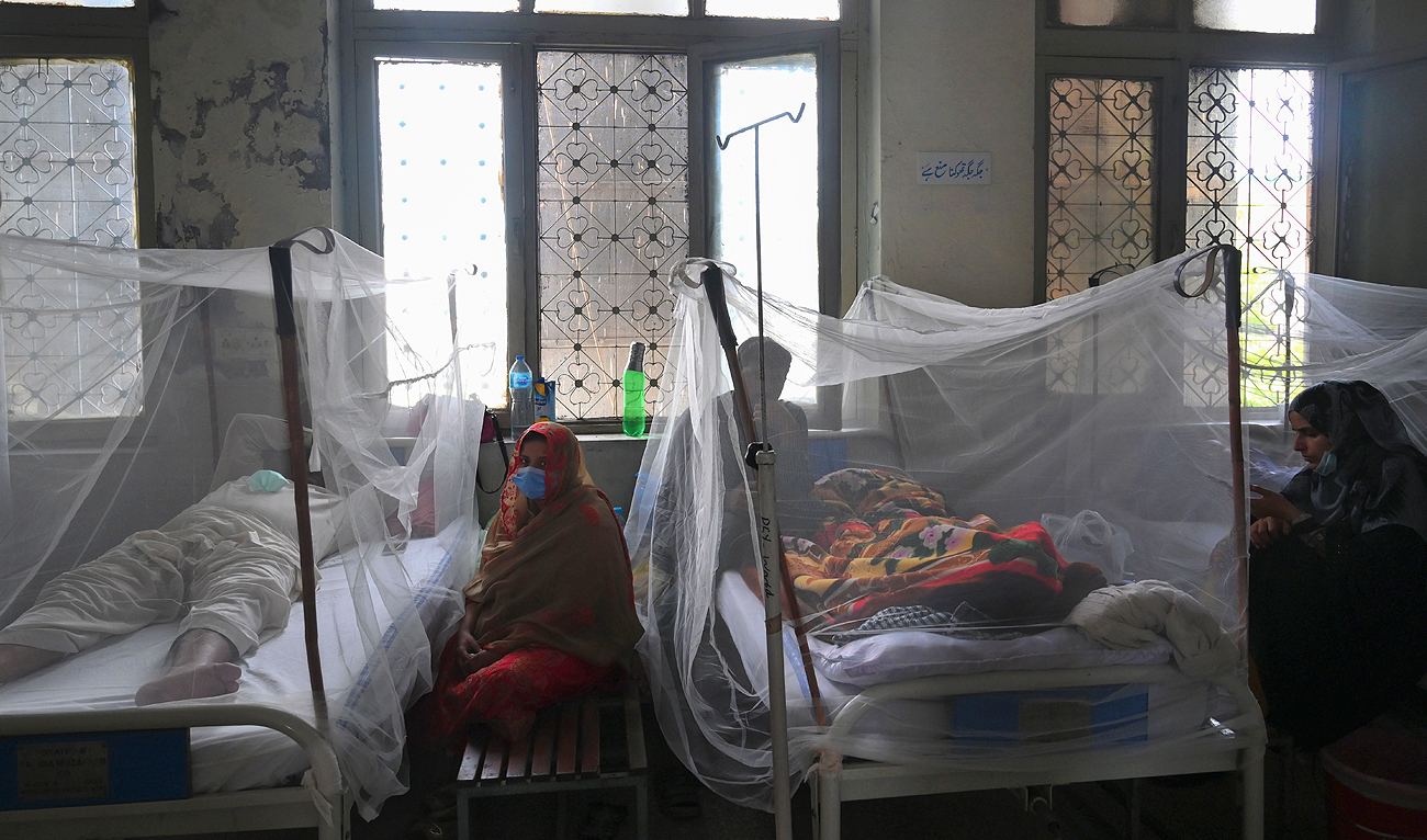 In this file photo, taken on September 29, 2021, relatives sit next to patients suffering from dengue fever resting under a mosquito net at a hospital in Lahore. (Photo courtesy: AFP/File)