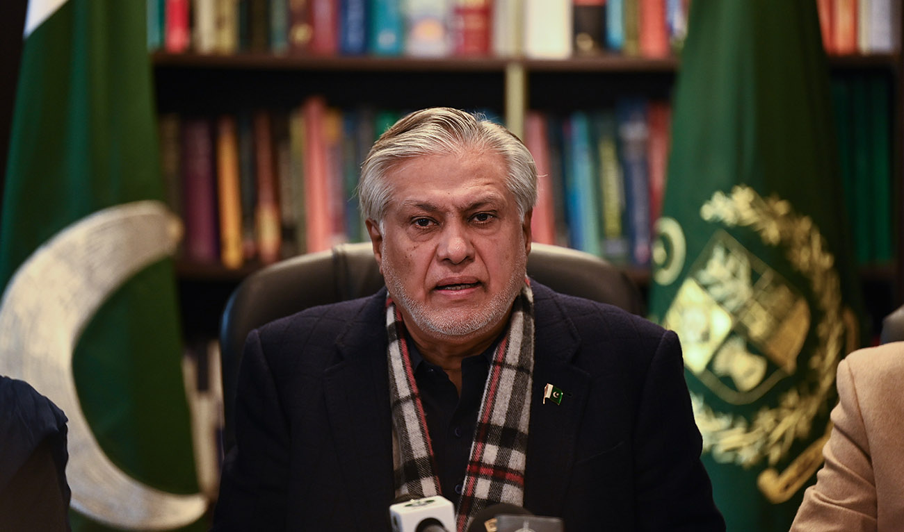 Pakistan’s Finance Minister Ishaq Dar speaks during a press conference in Islamabad on February 10, 2023. (AFP/File)