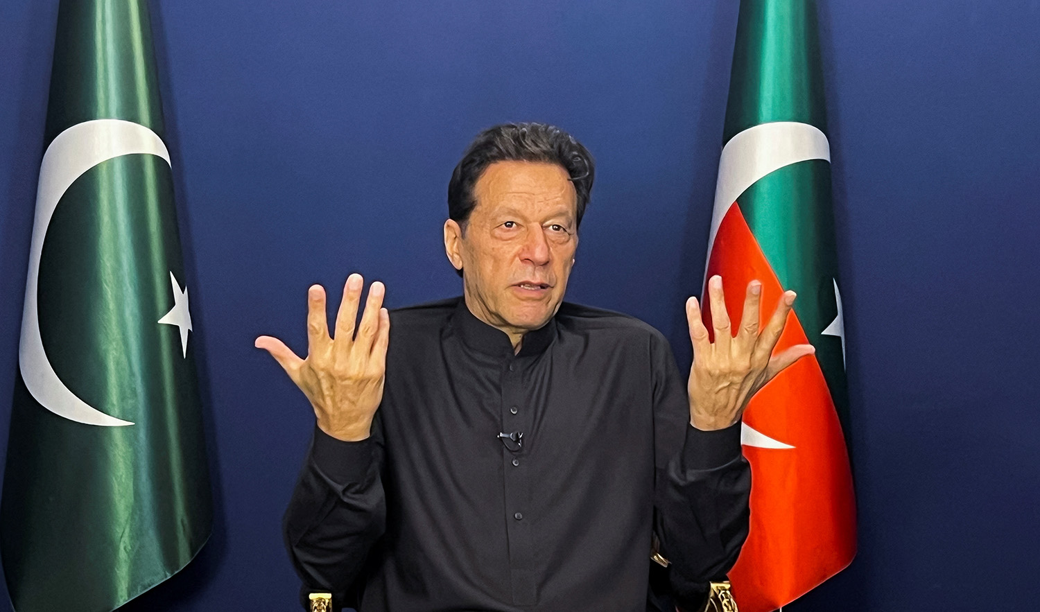 Pakistan's former Prime Minister Imran Khan gestures as he speaks during an interview with Reuters in Lahore, Pakistan on June 3, 2023. (REUTERS)