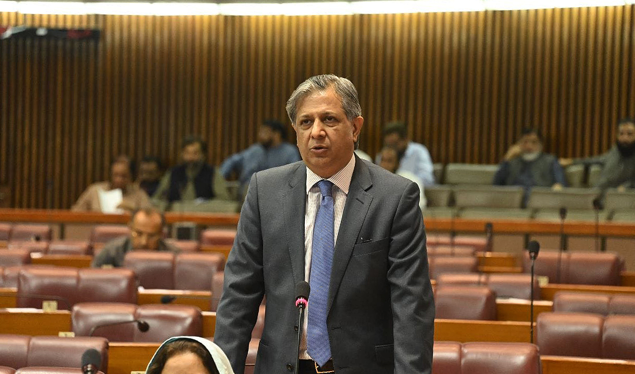 In this handout photograph, taken on May 9, 2023, Pakistan Law Minister Azam Nazeer Tarar gestures during his address at the National Assembly in Islamabad. (Photo courtesy: Twitter/NAofPakistan)