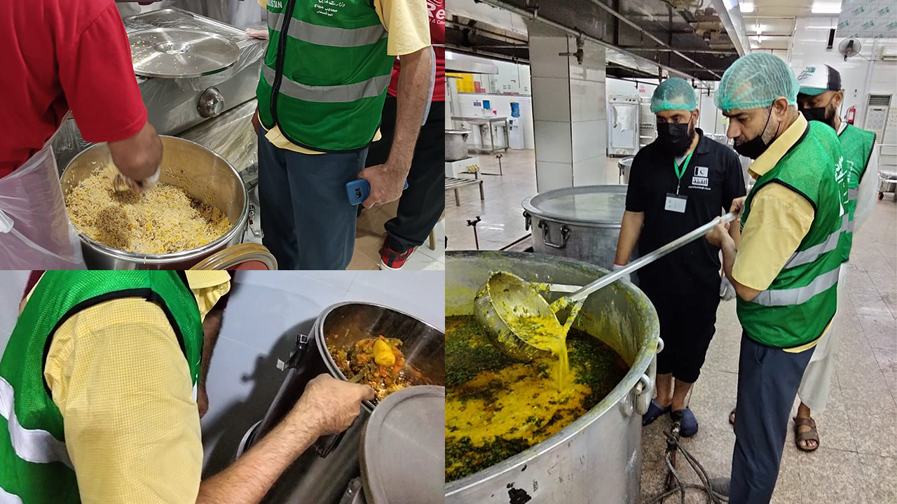This combination of photos created on June 19, 2023, shows Pakistan’s chief food coordinator, Muhammad Farooq Haider, inspecting food quality provided at the Pakistani Hajj camp in Makkah, Saudi Arabia on June 16, 2023. (Photo courtesy: Pakistan Hajj Mission)
