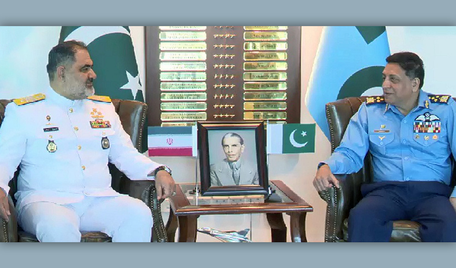 Pakistan Air Chief Marshal Zaheer Ahmed Baber Sidhu, right, with Iranian Navy Rear Admiral Shahram in Islamabad on June 19, 2023. (Photo courtesy: Radio Pakistan)