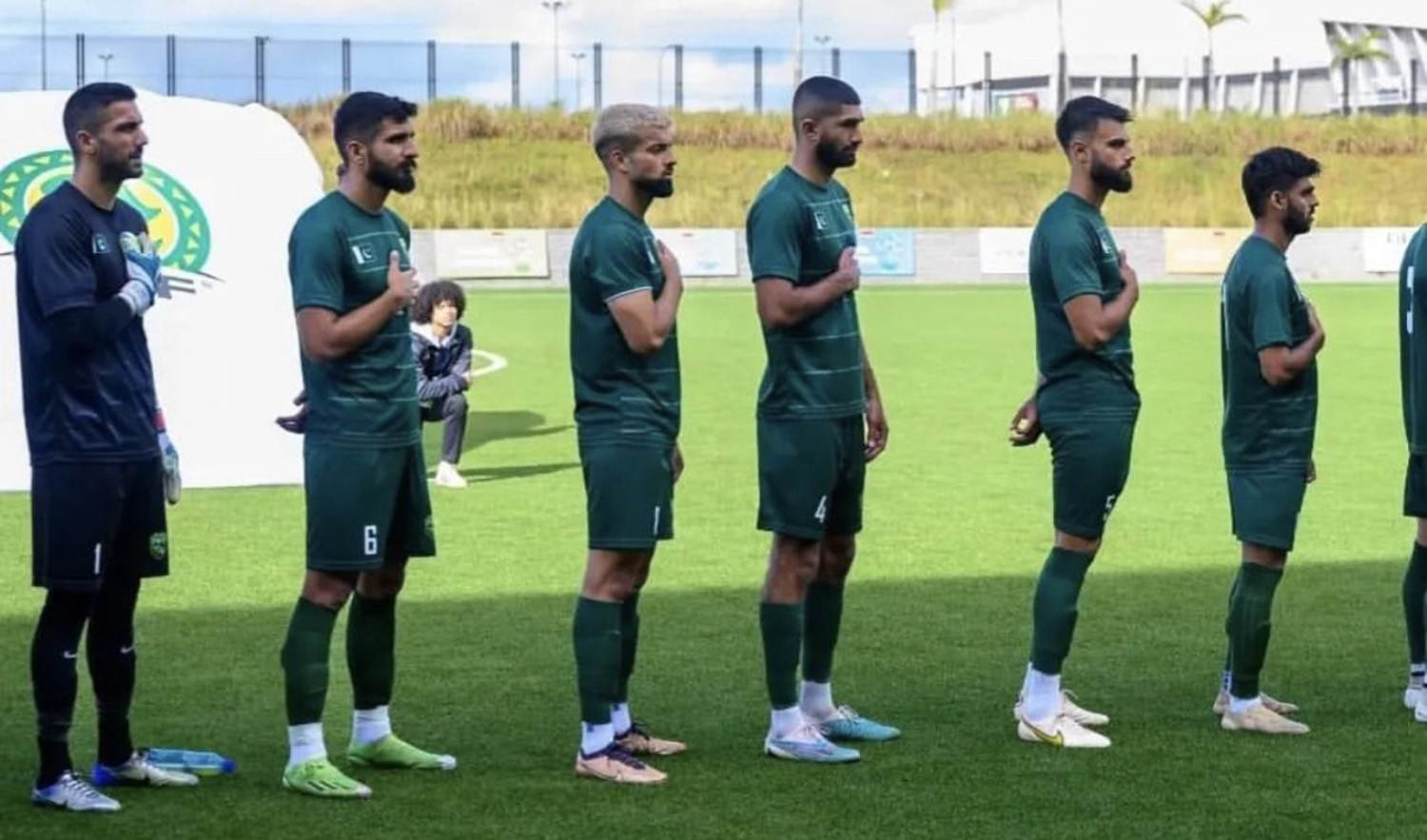 Pakistani players standing during the national anthem in a photo released by the Pakistan Football Federation on their social media account on June 19, 2023. (Photo courtesy: @TheRealPFF/Twitter)