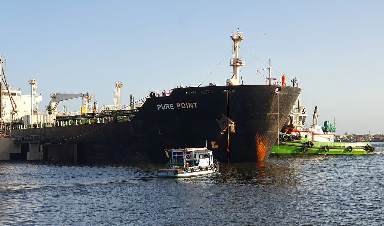 This handout photograph, taken and released by Karachi Port Trust, shows a Russian ship, Pure Point, anchored at the OP2 in Karachi on June 11, 2023, carrying 45,000 metric tons of crude oil. (Photo courtesy: KPT)