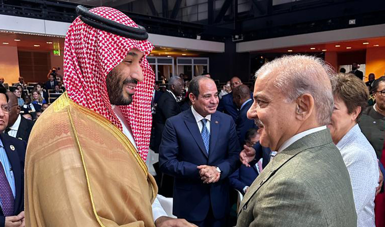 Pakistani Prime Minister Shehbaz Sharif (right) on meets Crown Prince of Saudi Arabia, Mohammed bin Salman, on the sidelines of the Summit for a New Global Financial Pact in Paris, France on June 22, 2023. (Photo courtesy: Prime minister's office)