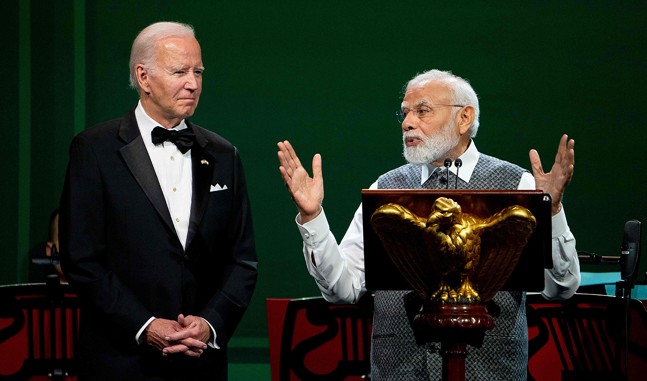 US President Joe Biden looks on as India's Prime Minister Narendra Modi speaks during an official State Dinner in honor of India's Prime Minister Narendra Modi, at the White House in Washington, DC, on June 22, 2023. (AFP)