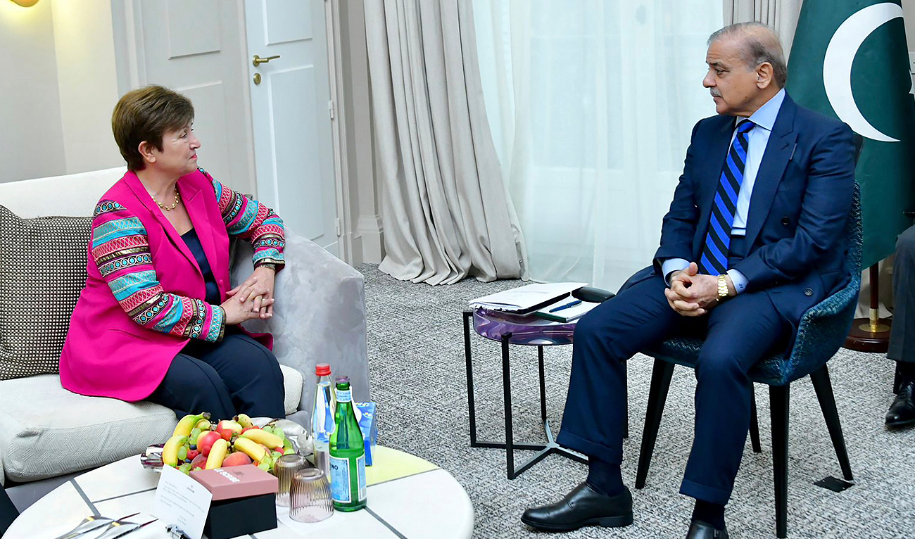 In this photo released by Pakistan's Prime Minister Office, Prime Minister Shahbaz Sharif, right, meets with International Monetary Fund's Managing Director Kristalina Georgieva, in Paris, France, Thursday, June 22, 2023. (Prime Minister Office via AP)