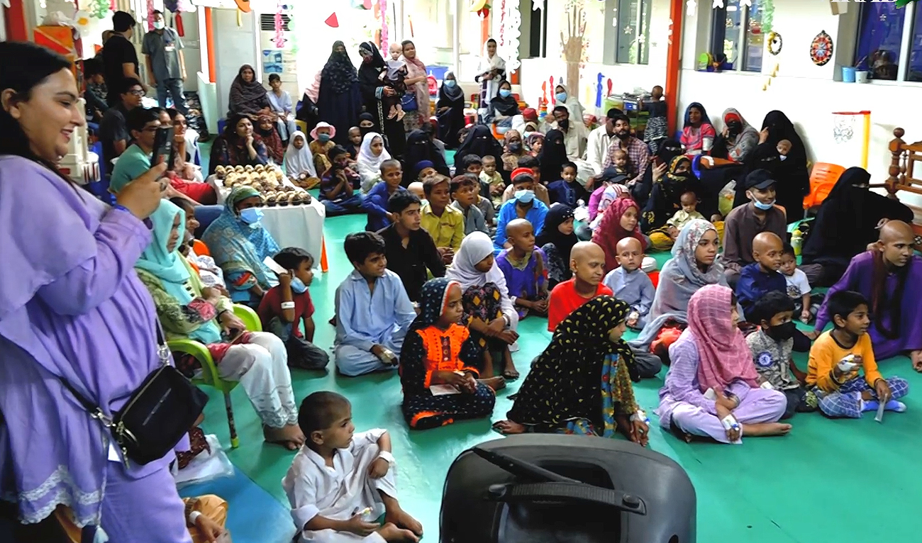 Children, being treated for cancer, attend summer camp organized by the Karachi-based NGO Faryal Kamran Initiative at the Indus Hospital in Karachi on June 20, 2023. (AN Photo)