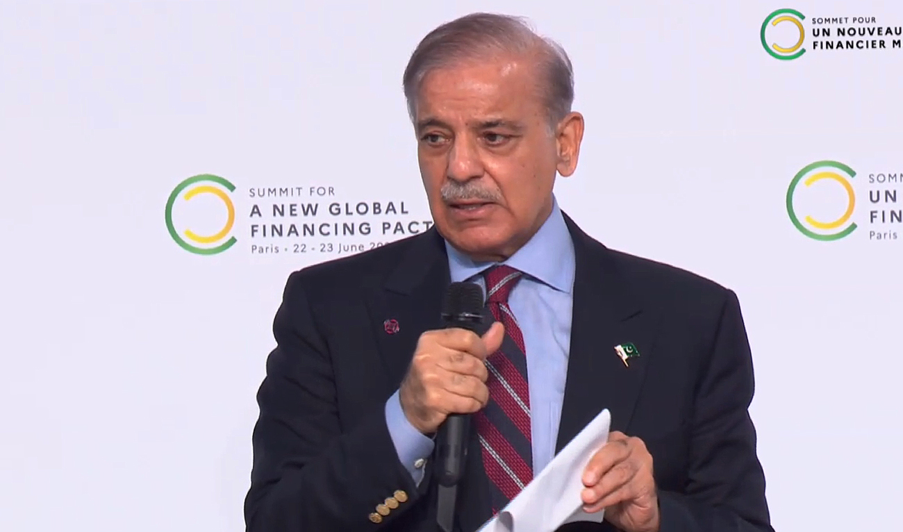 Pakistan Prime Minister Shehbaz Sharif addresses the New Global Financing Pact Summit in Paris on June 22, 2023. (Photo courtesy: Twitter/LossandDamage)