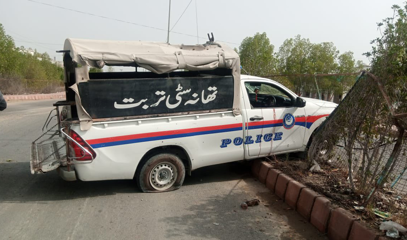 This picture shows a damaged police vehicle following a suicide blast in Turbat in the southwestern province of Balochistan on June 24, 2023. (Photo courtesy: Turbat Police)