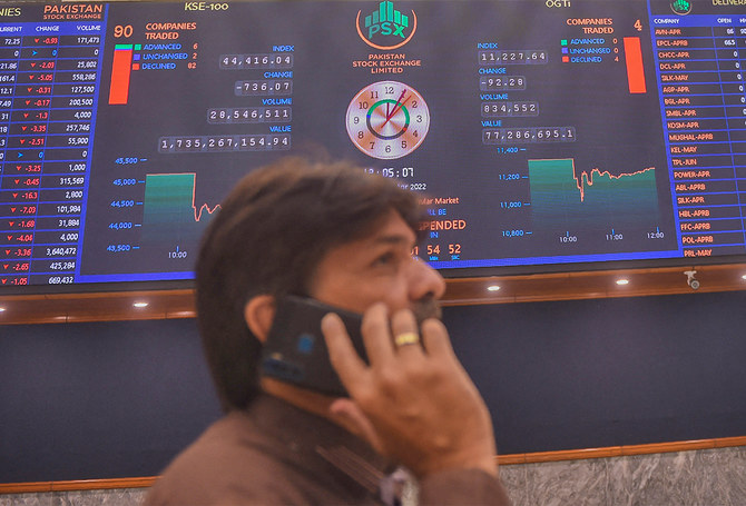 A stockbroker speaks on the phone during a trading session at the Pakistan Stock Exchange in Karachi, Pakistan, on April 4, 2022. (AFP/File)