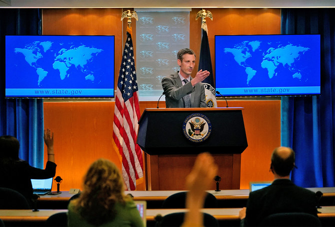 In this file photo, taken on March 31, 2021, US State Department spokesman Ned Price takes questions from reporters during a press briefing at the State Department in Washington, DC. (AFP/File)
