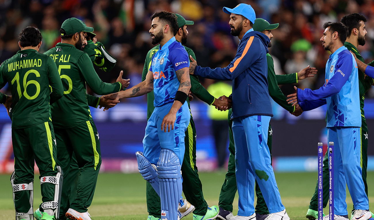 Players from both teams shake hands after the ICC men's Twenty20 World Cup 2022 cricket match between India and Pakistan at Melbourne Cricket Ground (MCG) in Melbourne on October 23, 2022. (AFP/File)