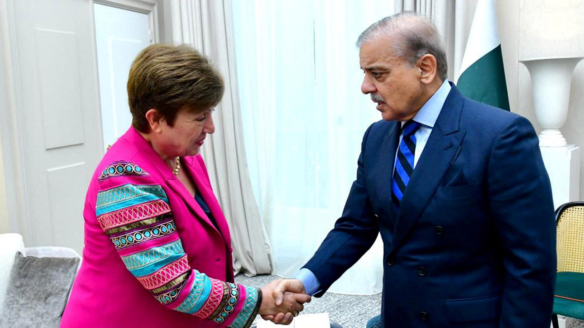 Pakistan Prime Minister Shehbaz Sharif meets with managing director of the International Monetary Fund (IMF), Kristalina Georgieva, in Paris, France June 22, 2023. (REUTERS/File))