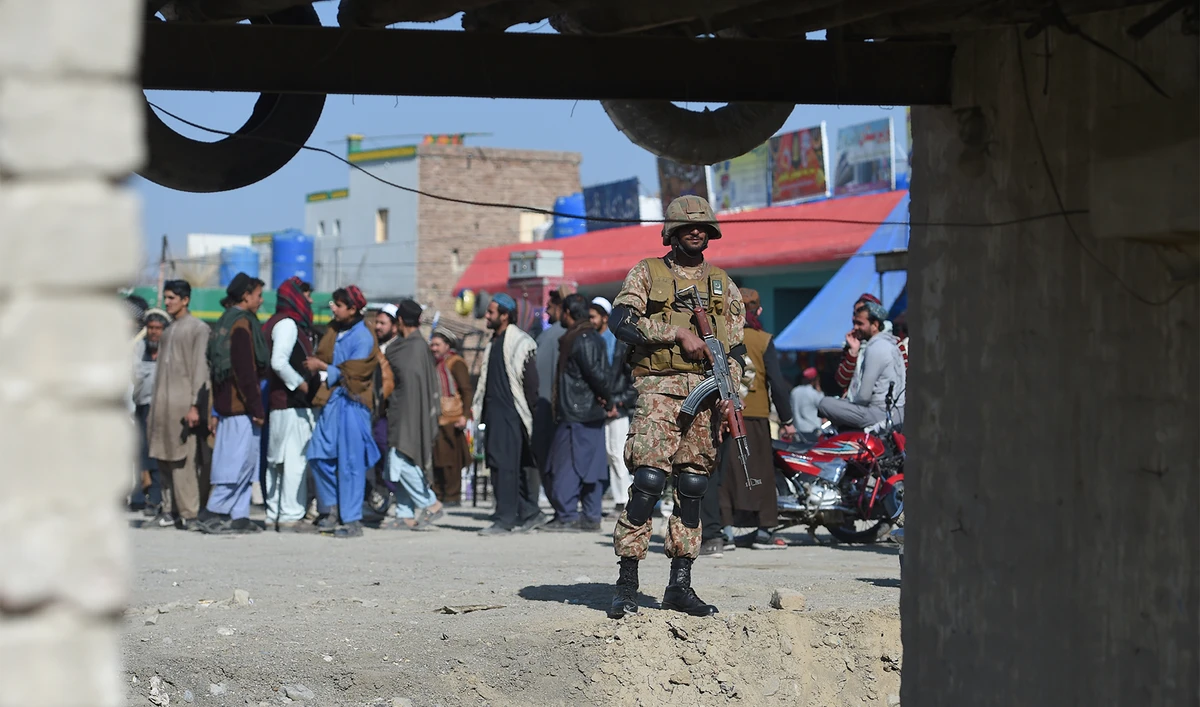 A Pakistani army soldier stands guard at a market in Miran Shah, a town in North Waziristan, near the border between Pakistan and Afghanistan, on January 27, 2019. (AFP/File)