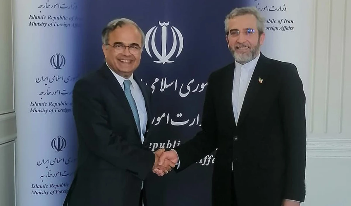Foreign Secretary of Pakistan Asad M. Khan, left,with Iran's deputy foreign minister Ali Bagheri Kani, in Tehran on June 17, 2023. (Photo courtesy: @ForeignOfficePk/Twitter)