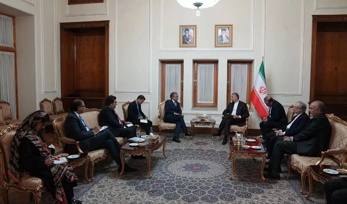 Pakistan’s Foreign Secretary Dr. Asad Majeed Khan (center left) and Foreign Minister of Iran, Hossein Amir-Abdollahian, hold a meeting in Tehran, Iran, on June 18, 2023. (Foreign Office of Pakistan)