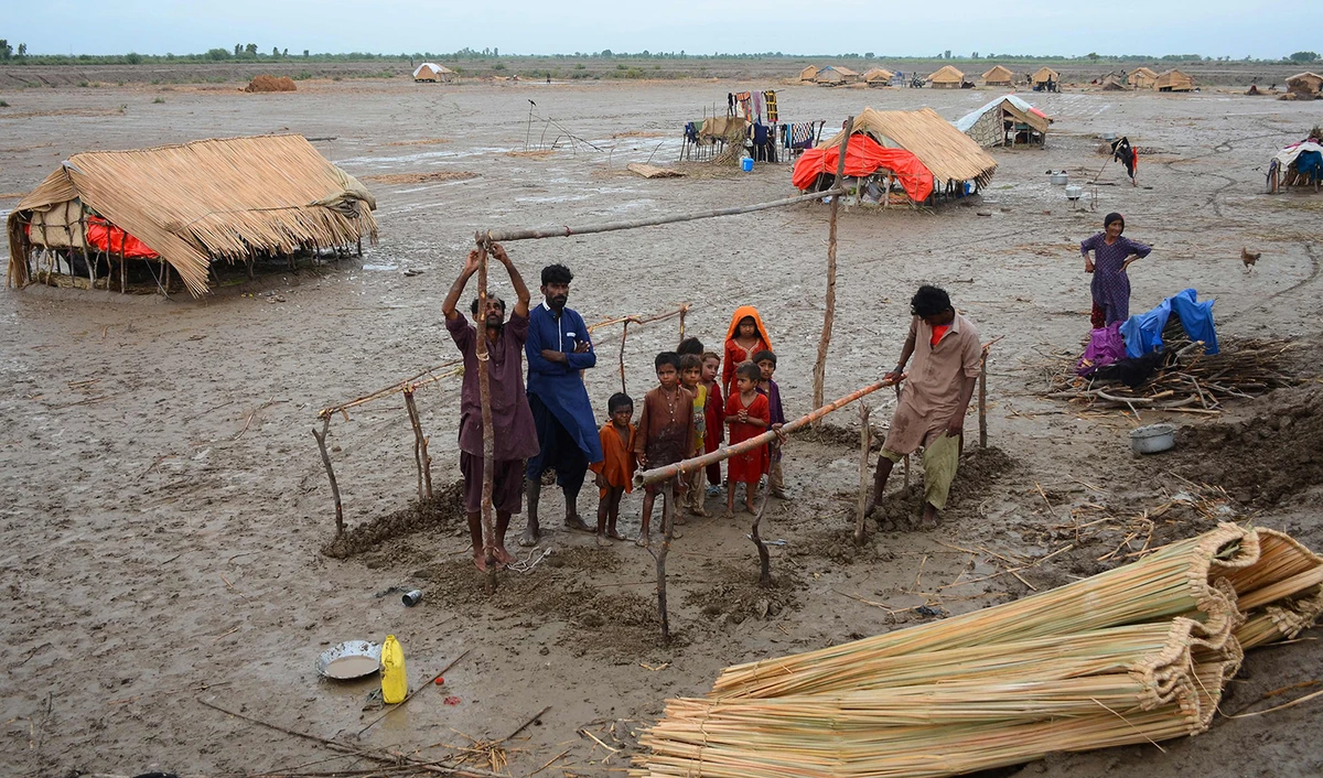Cyclone afftected people built a hut at coastal area in Sujawal district of Pakistan's Sindh province on June 16, 2023, after Cyclone Biparjoy made landfall. (AFP)