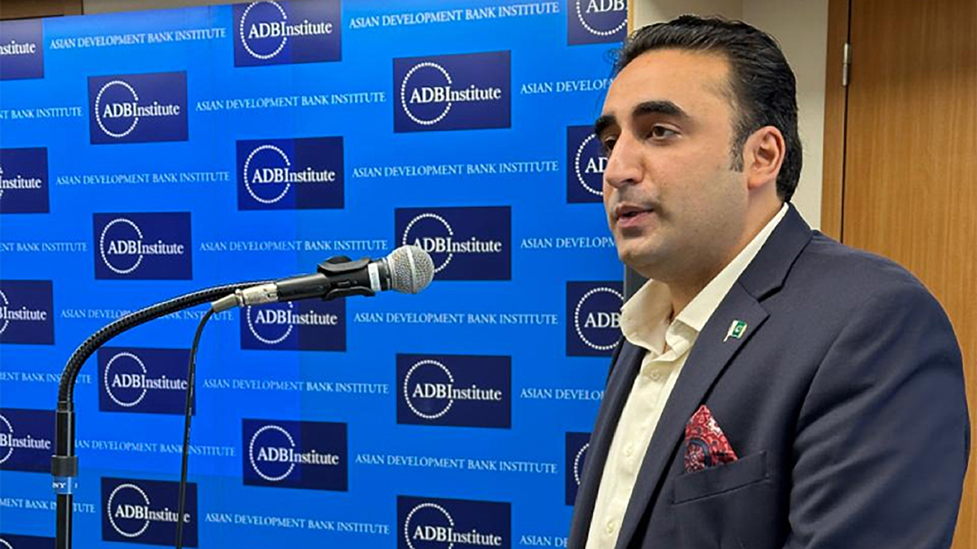 Pakistan's foreign minister Bilawal Bhutto-Zardari speaks at the Asian Developmment Bank Institute in Tokyo, Japan on July 3, 2023. (Photo courtesy: Radio Pakistan)