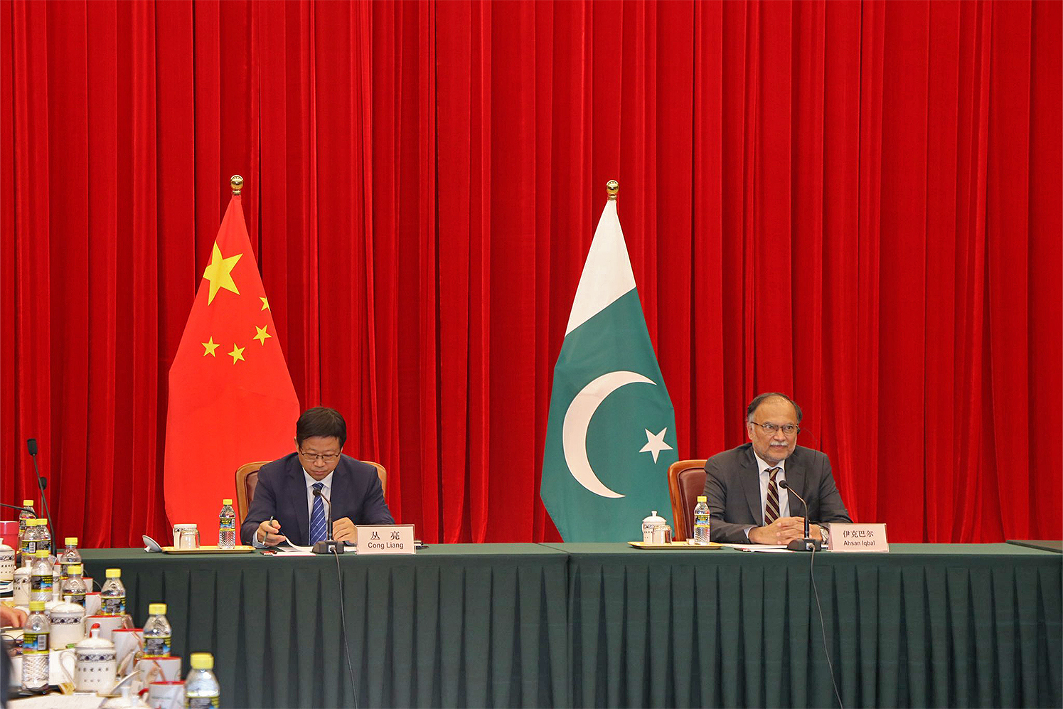 Pakistan's Planning Minister Ahsan Iqbal and Vice Chairman, National Development & Reform Commission (NDRC), China Mr, Cong Liang are pictured during 12th (Special) Joint Cooperation Committee (JCC) of the China-Pakistan Economic Corridor (CPEC) in Islamabad, Pakistan, on July 12, 2023. (@PakinChina_/Twitter)