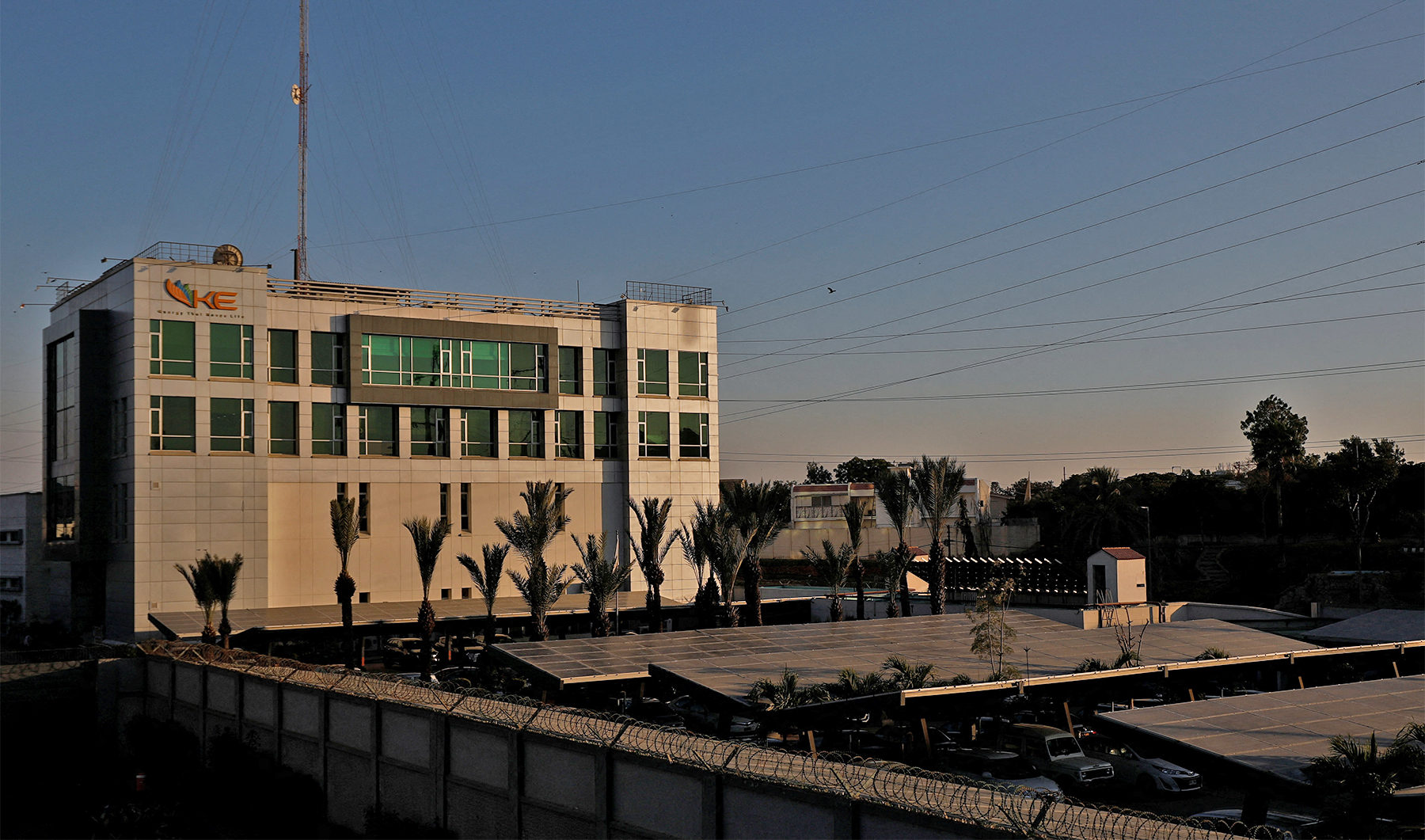 A view of the K-Electric head office, with solar panels at the parking area, in Karachi, Pakistan, on January 24, 2023. (REUTERS)