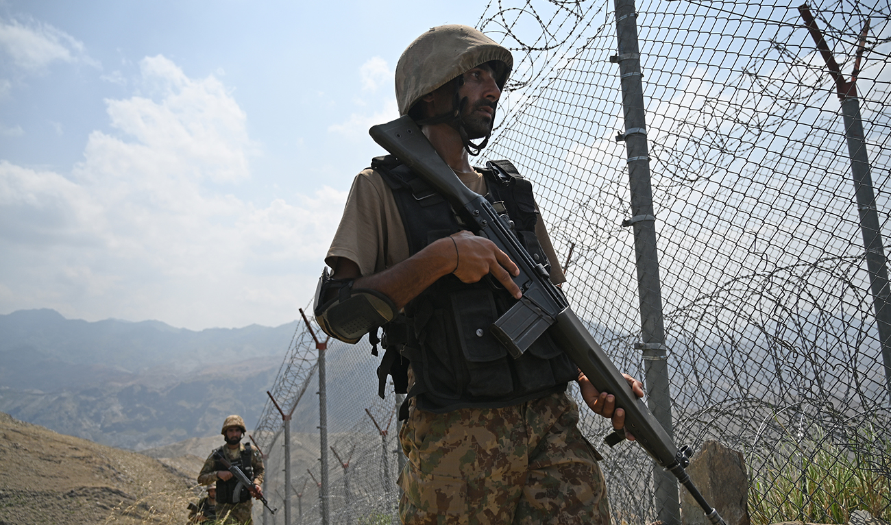 Pakistani troops patrol along Pakistan-Afghanistan border at Big Ben post in Khyber district in Khyber Pakhtunkhwa province August 3, 2021. (AFP/File)