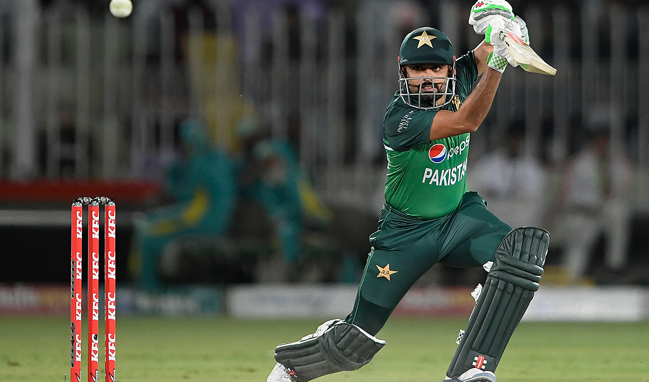 Pakistan's captain Babar Azam plays a shot during the first one-day international (ODI) cricket match between Pakistan and New Zealand at the Rawalpindi Cricket Stadium in Rawalpindi, on April 27, 2023. (AFP/File)