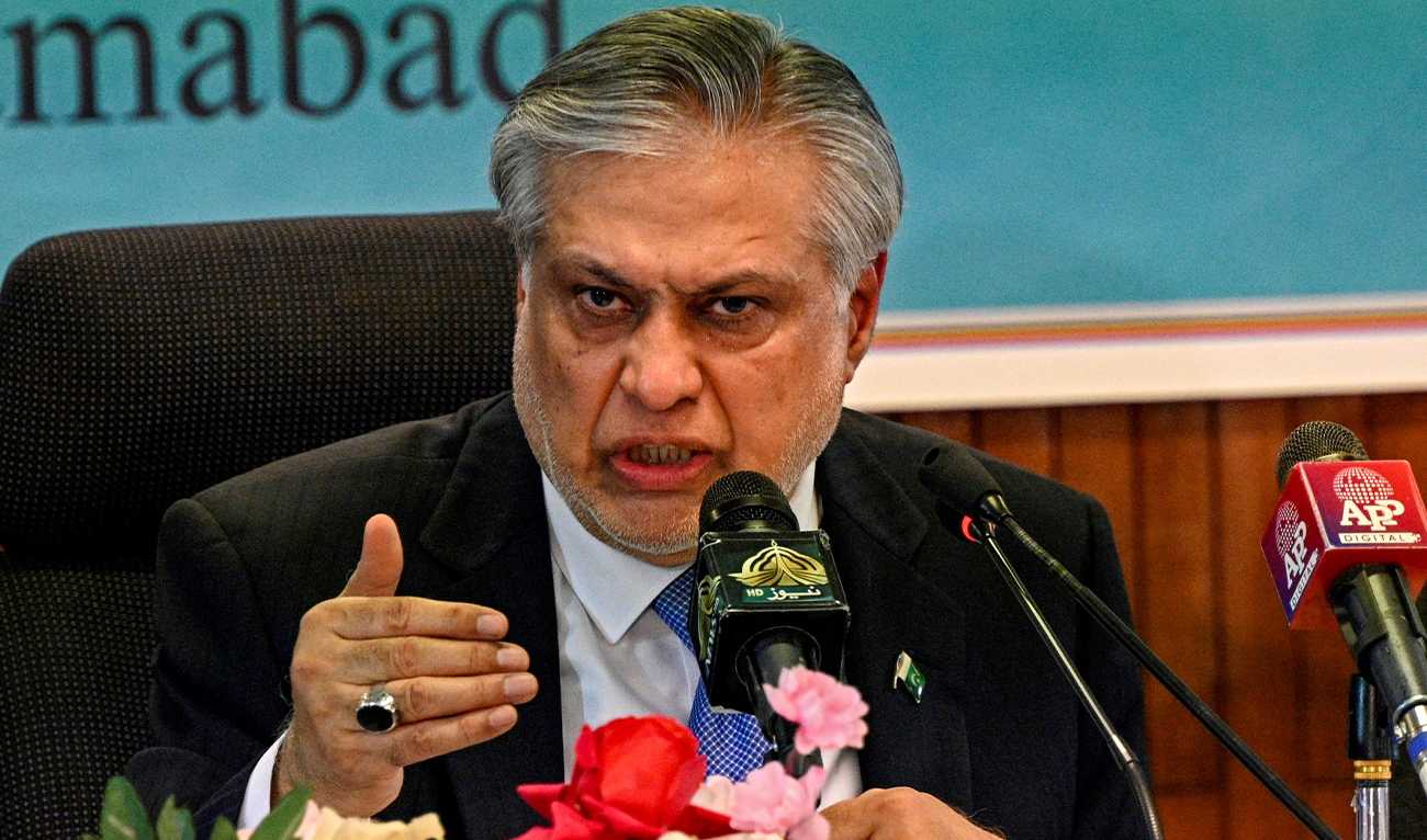 Pakistan's finance minister Ishaq Dar speaks while presenting the economic report for fiscal year 2022-23, in Islamabad on June 8, 2023. (AFP/File)
