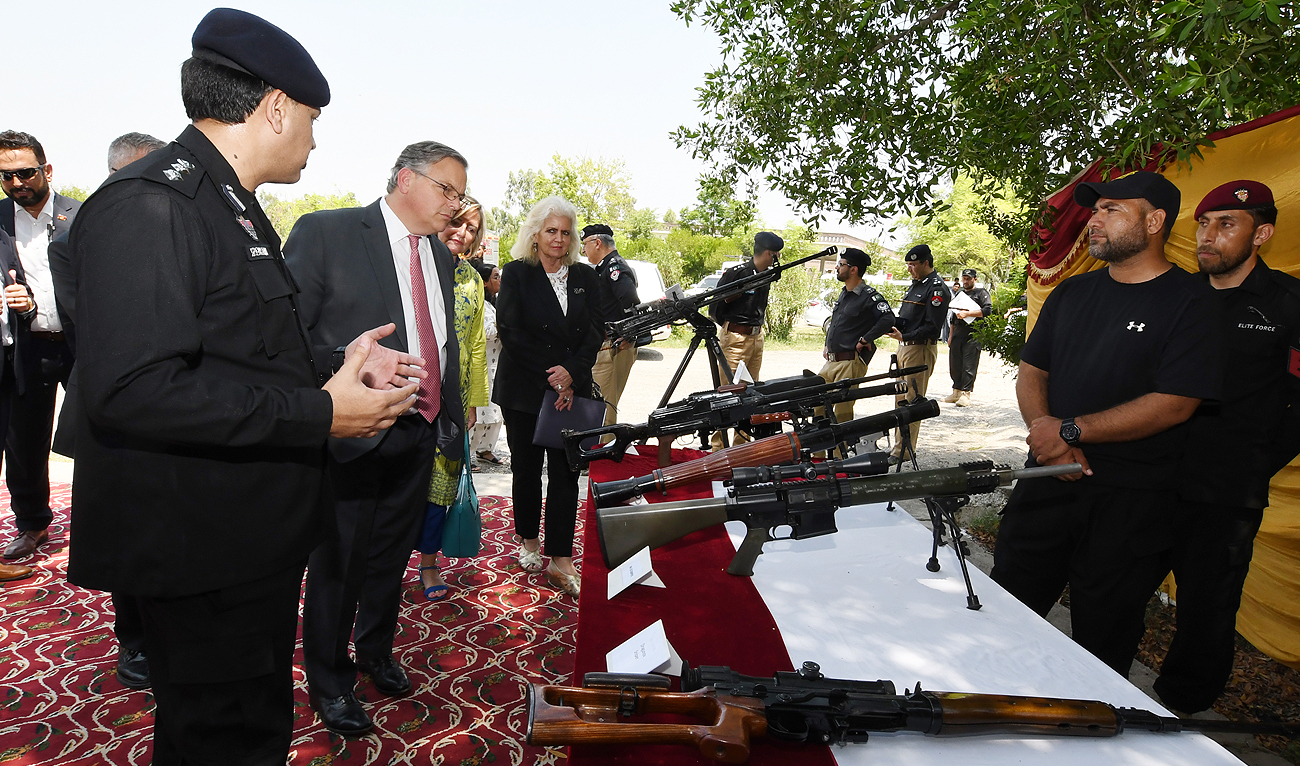 This photo shows the US ambassador to Pakistan Donald Blome (second left) with Khyber Pakhtunkhwa police chief (left), Akhtar Hayat, at the inauguration of the $17.2 million Joint Police Training Center in the Nowshera district on July 13, 2023. (Photo courtesy: US Embassy)
