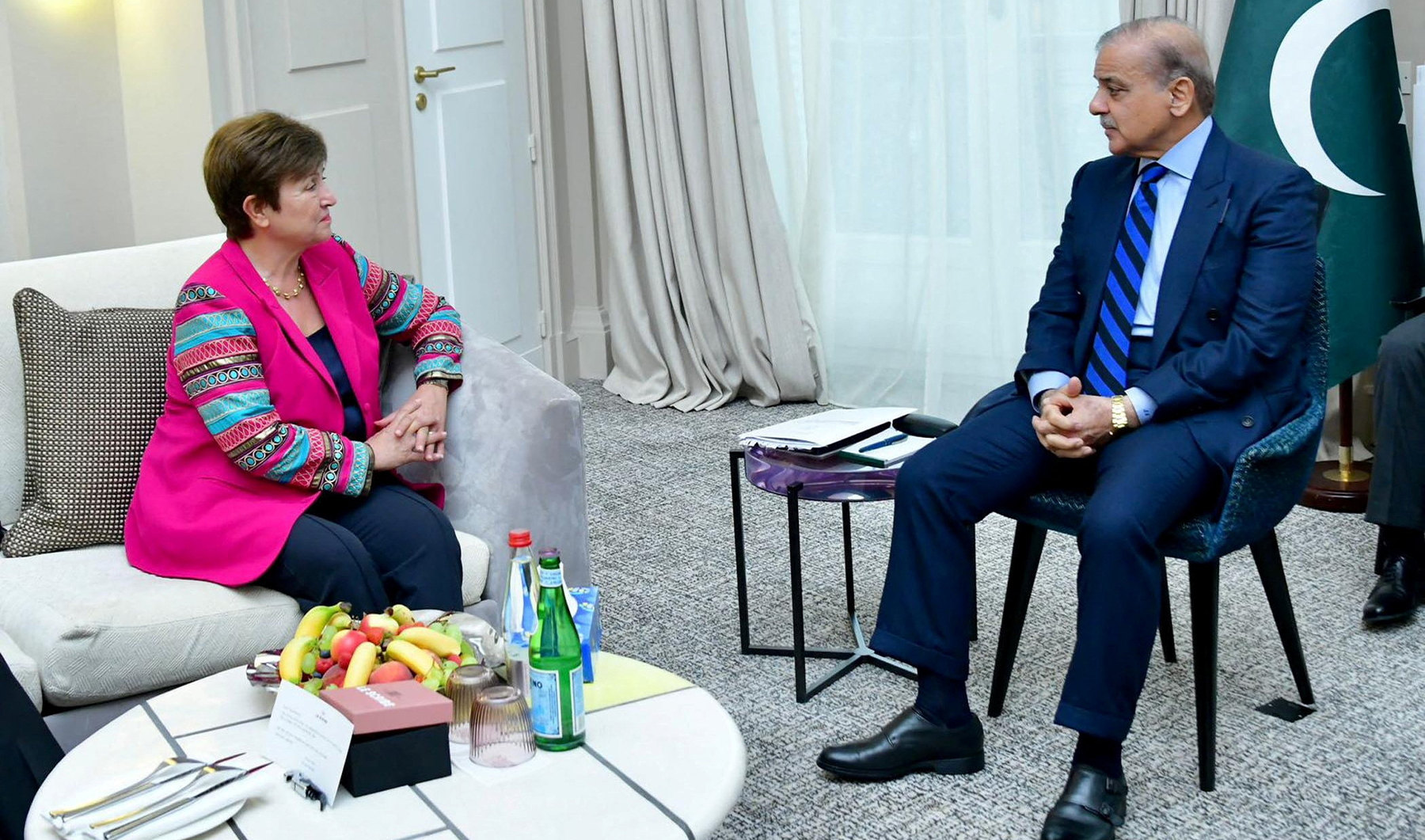 Pakistan Prime Minister Shehbaz Sharif (right) meets with Managing Director of the International Monetary Fund (IMF), Kristalina Georgieva, in Paris, France, on June 22, 2023. (REUTERS/File)