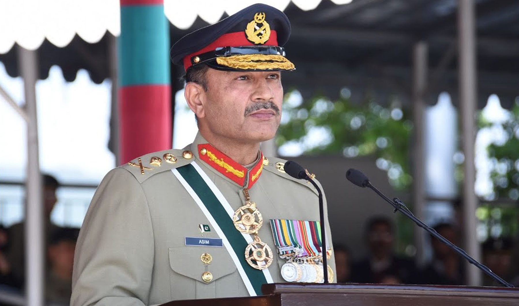 Pakistan army chief General Asim Munir addresses the passing out parade of cadets of the 147th PMA Long Course at the Pakistan Military Academy in Kakul, Pakistan, on April 29, 2023. (ISPR/File)