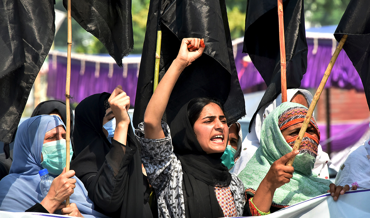 Activists of Pasban-e-Hurriyat, a Kashmiri refugee organisation, hold an anti-India protest in Muzaffarabad, the capital of Pakistan-administered Kashmir on May 22, 2023. (AFP/File)