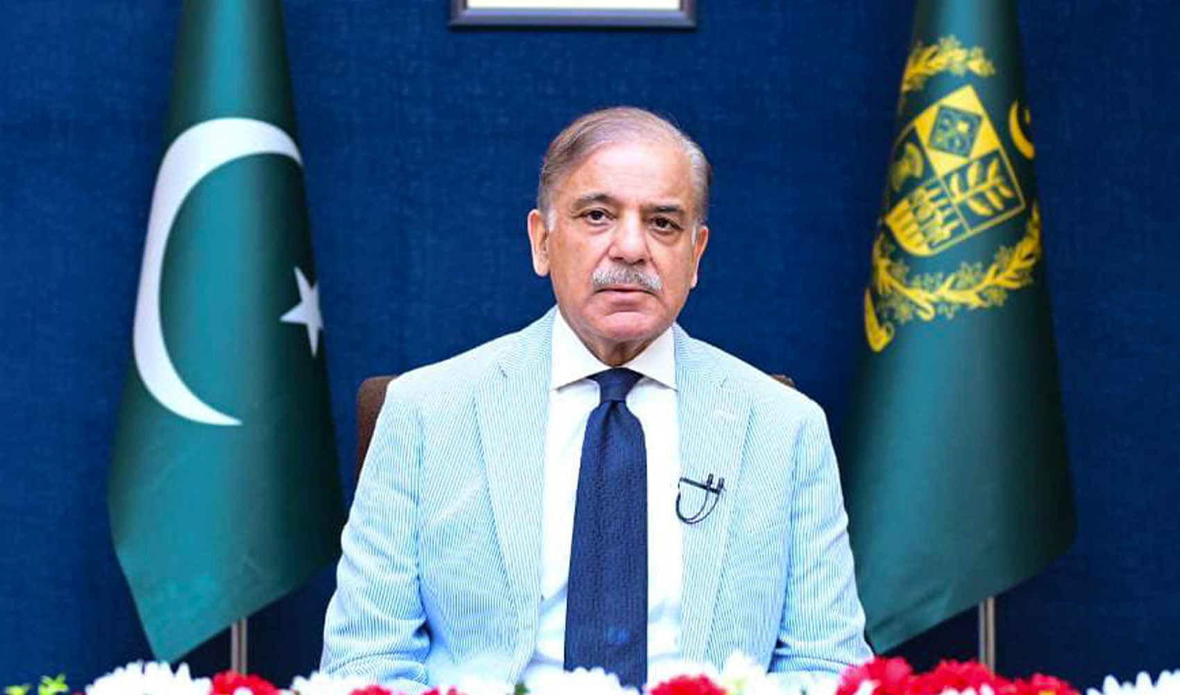 Pakistan Prime Minister Shehbaz Sharif addresses the nation in Islamabad, Pakistan, on July 13, 2023. (@GovtofPakistan/Twitter)