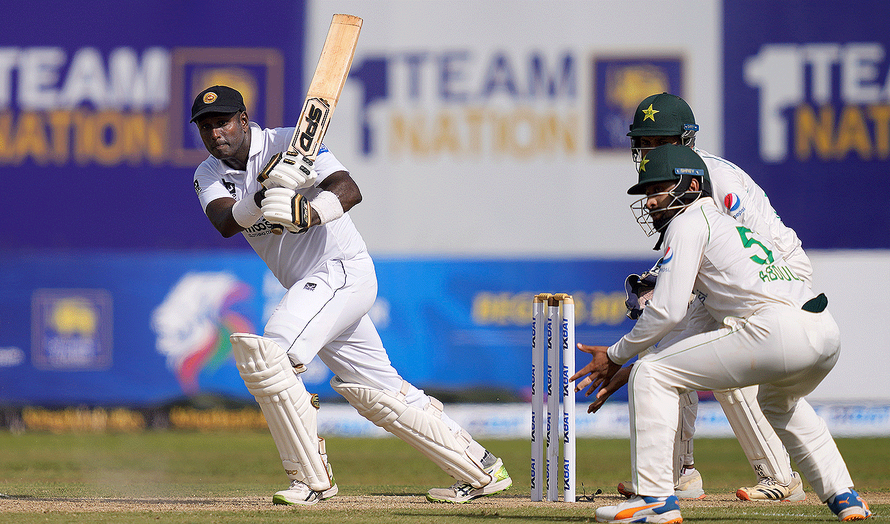 Sri Lanka's Angelo Mathews plays a shot during the day one of the first test cricket match between Sri Lanka and Pakistan in Galle, Sri Lanka on Sunday, July 16, 2023. (AP)