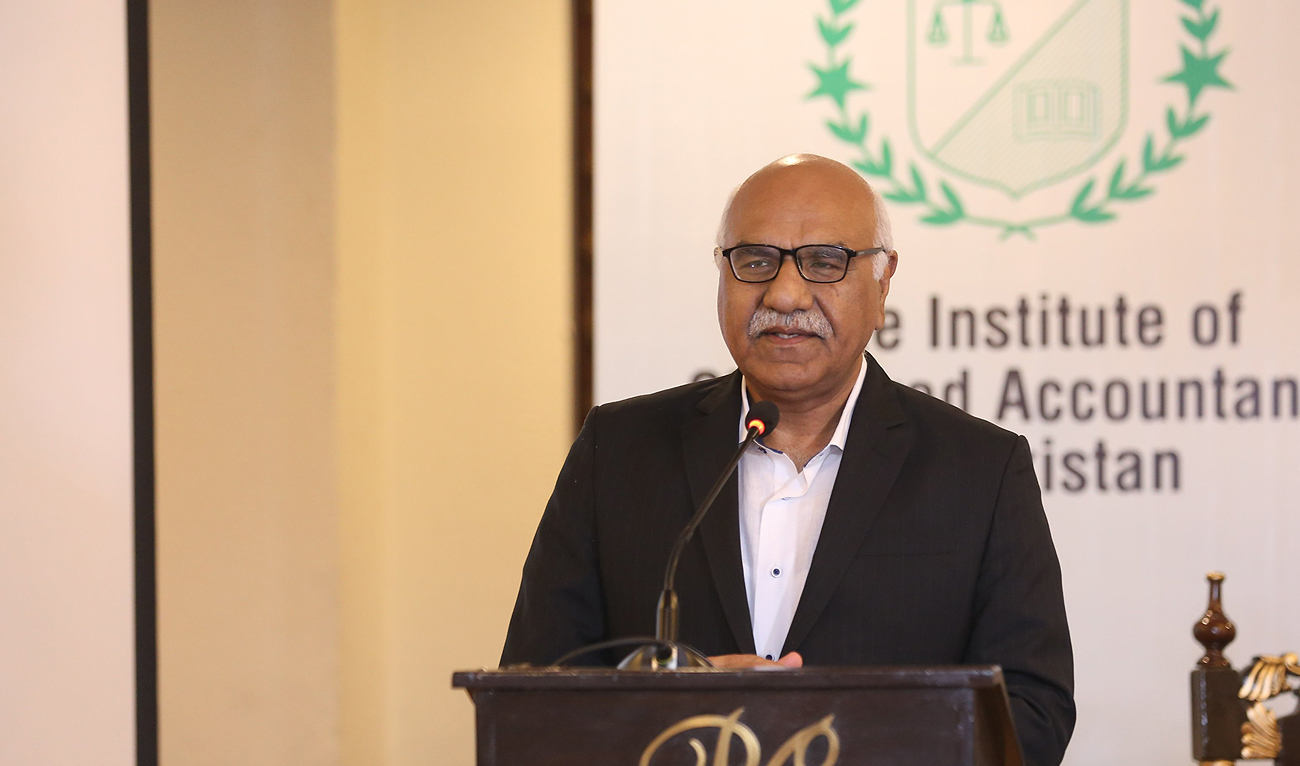 Pakistani philanthropist Dr. Amjad Saqib speaks during Capacity Building Session on Sustainability Disclosures and Reporting in Lahore on May 8, 2023. (Photo courtesy: Twitter/icapofficial)
