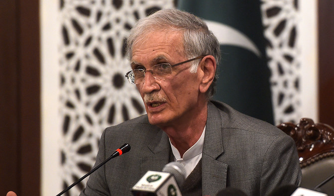Pakistan’s former Defense Minister Pervez Khattak address a press conference in Islamabad, on February 26, 2019. (AP/File)