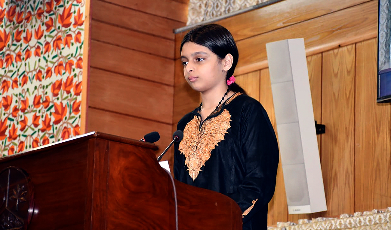 In this handout photo released by Press Information Department Pakistan controlled Kashmir, Razia Sultan, 11, the daughter of Mohammed Yasin Malik, 57, speaks in the regional legislative assembly in Muzaffarabad, the capital of Pakistan-administered Kashmir, Thursday, July 20, 2023. (AP)
