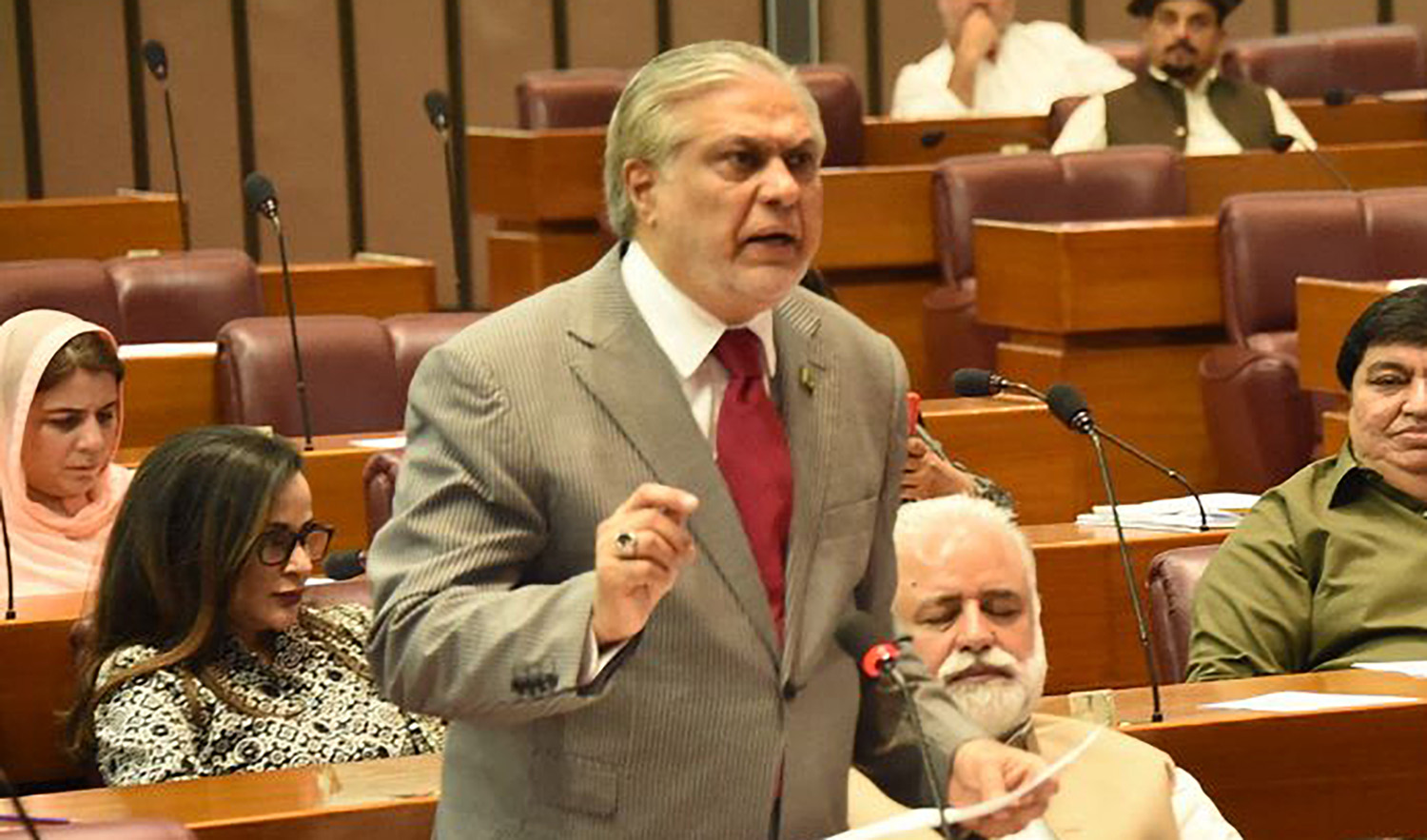 Pakistan's finance minister Ishaq Dar speaks during the National Assembly session in Islamabad on July 21, 2023. (Photo courtesy: @NAofPakistan/Twitter)