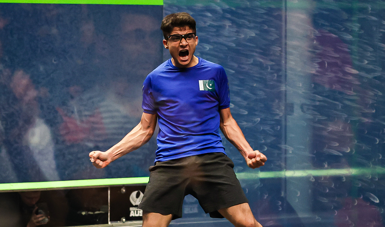 Pakistan's Hamza Khan gestures after winning the World Junior Squash Championship title in Melbourne on July 23, 2023. (Photo courtesy: Squash Australia)