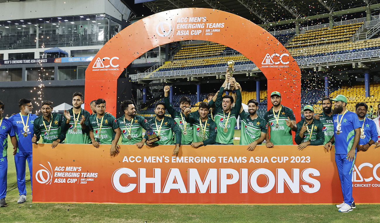 Pakistani players pose for a group photo after winning ACC Men's Emerging Teams Asia Cup 2023 title in Columbo on July 23, 2023. (Photo courtesy: Pakistan Cricket Board)
