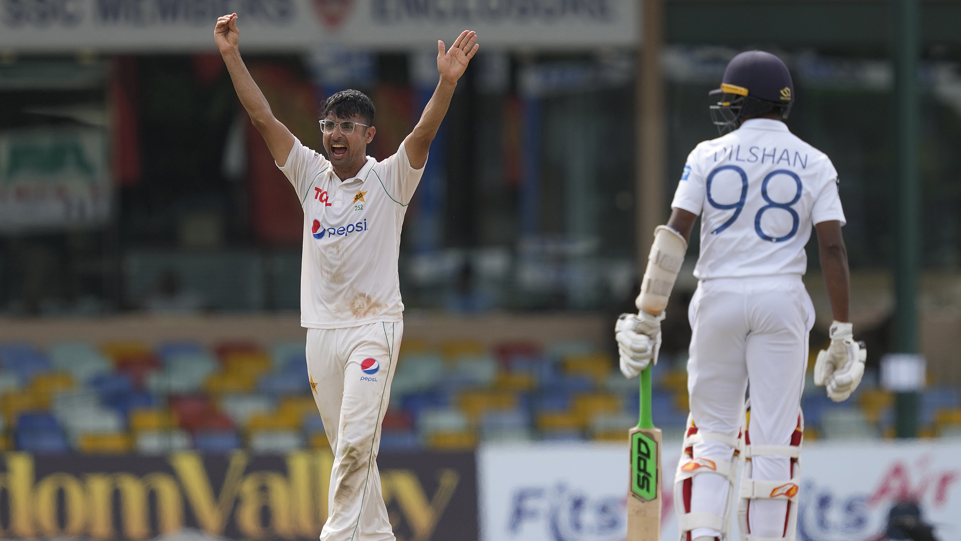 Pakistan's Abrar Ahmed, left, appeals for the wicket of Sri Lanka's Asitha Fernando during the day one of the second cricket test match between Sri Lanka and Pakistan in Colombo, Sri Lanka on July 24, 2023. (AP)