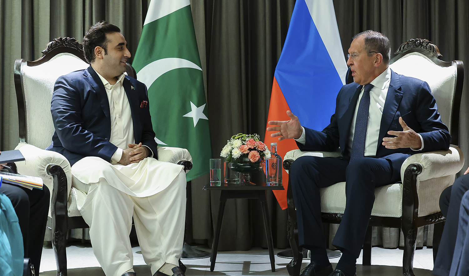 Russian Foreign Minister Sergey Lavrov, right, and Pakistan Foreign Minister Bilawal Bhutto Zardari talk during their meeting on the sideline of the Foreign ministers of the Shanghai Cooperation Organization meeting in Goa, India on May 4, 2023. (AP/File)