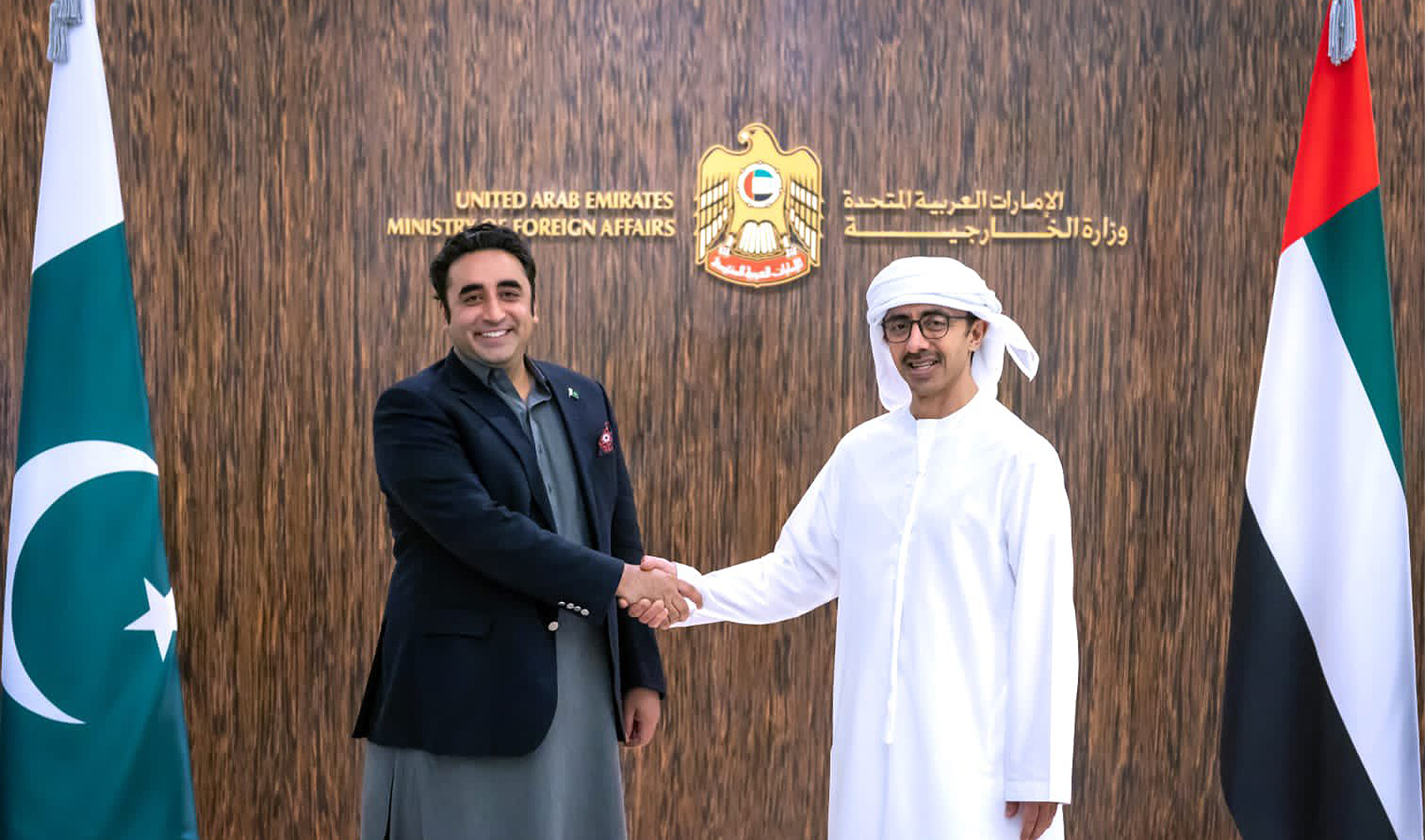 The picture posted on July 31, 2023, shows Pakistan’s Foreign Minister Bilawal Bhutto-Zardari (left) meeting his Emirati counterpart Sheikh Abdullah Bin Zayed Al-Nahyan in Abu Dhabi, UAE. (Pakistan's foreign office)