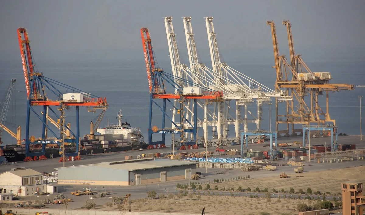 Heavy-duty cranes towering above the first, 602-meter long quay of the port of Gwadar in Balochistan, Pakistan, on October 3 2017. (AP/File)
