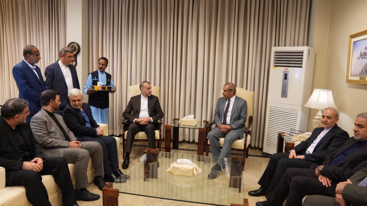 Iranian Foreign Minister Dr. Hossain Amir Abdollahian, center left, with officials from Pakistan's foreign ministry and Iran's Embassy in Islamabad on August 2, 2023. (Photo courtesy: @IRIMFA_EN/Twitter)