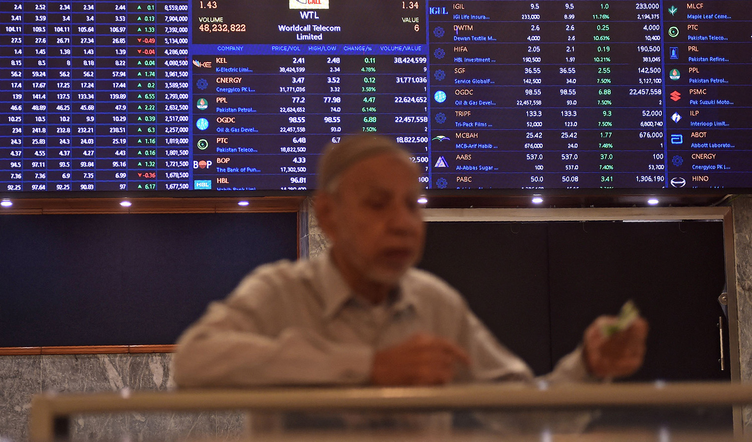 A stock broker watches share prices during a trading session at the Pakistan Stock Exchange (PSX) in Karachi, Pakistan on July 31, 2023. (AFP)